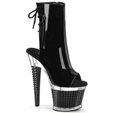 Pleaser SPECTATOR-1018 Black Patent 7 Inch (178mm) Heel, 3 Inch (76mm) Textured Platform Open Toe/Heel Lace-Up Back Ankle Boot With Hidden Zip Pocket, Inside Zip Closure